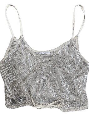 Zara Sequin Spaghetti Strap Top in silver color ✨